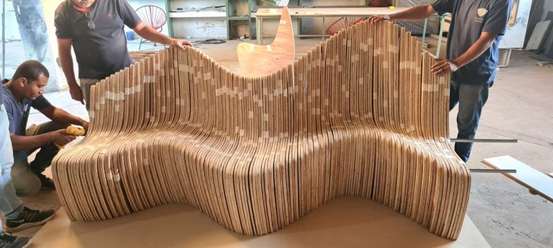 Shop team dry-fitting the slats