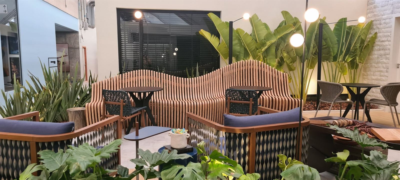 The wave-shaped wood bench in the CASACOR lounge, among plants and lamps