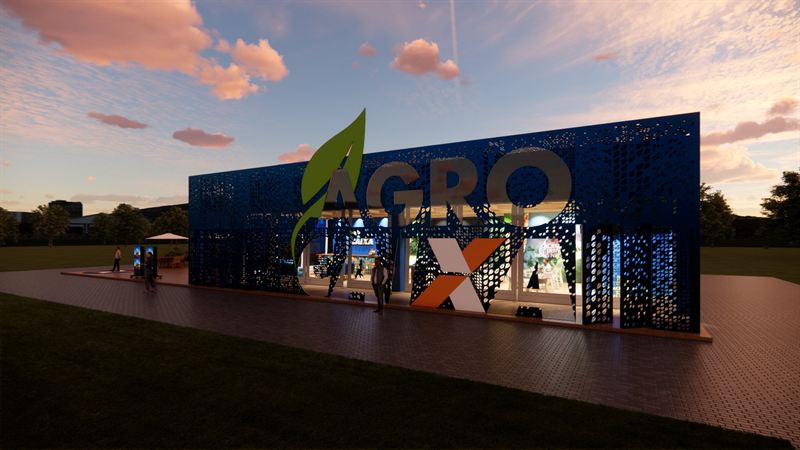 Render of the Agro Caixa pavilion at sunset