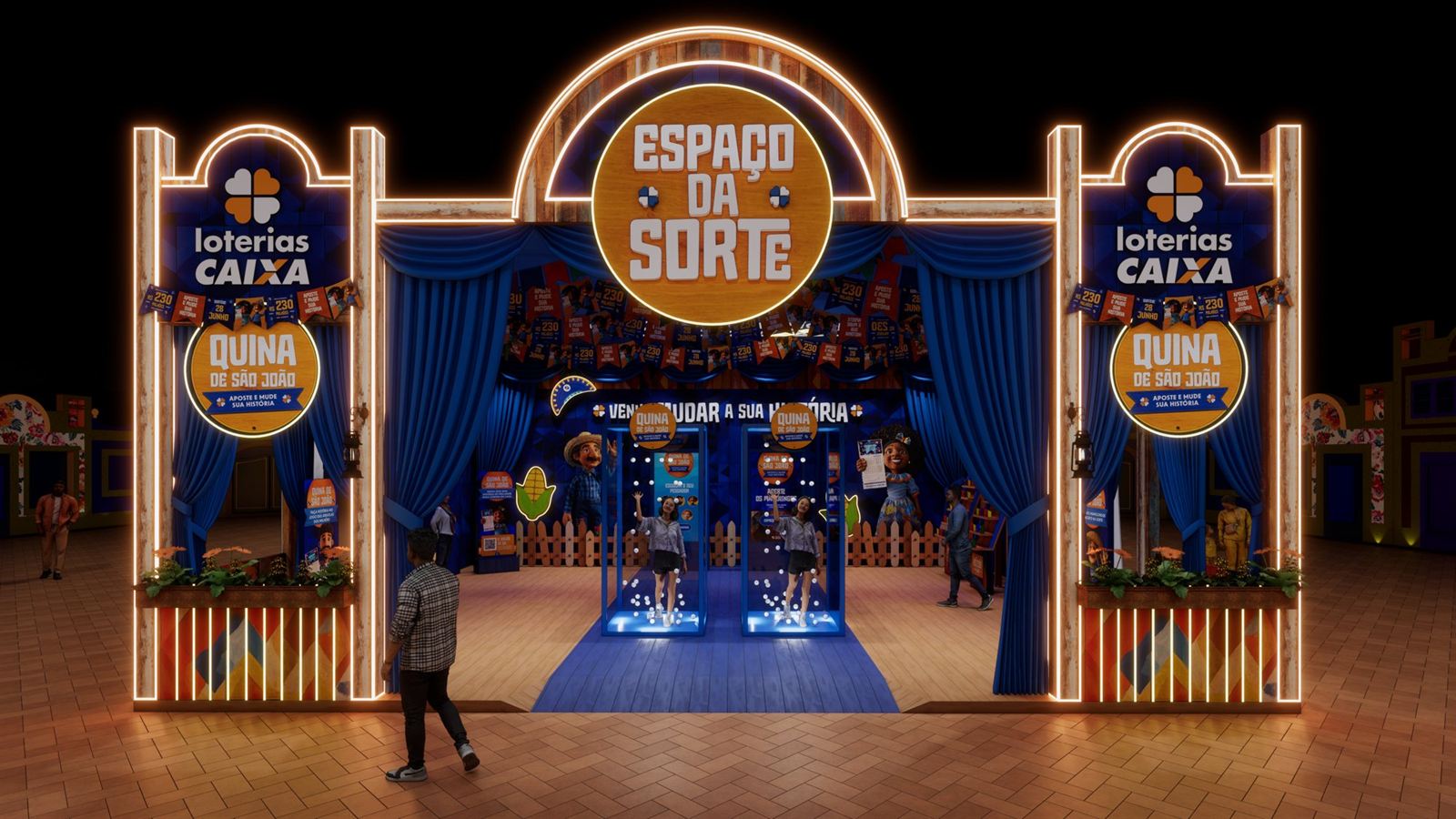 Render of the Espaço da Sorte booth at night: a lit wooden arch, blue curtains and glass game booths