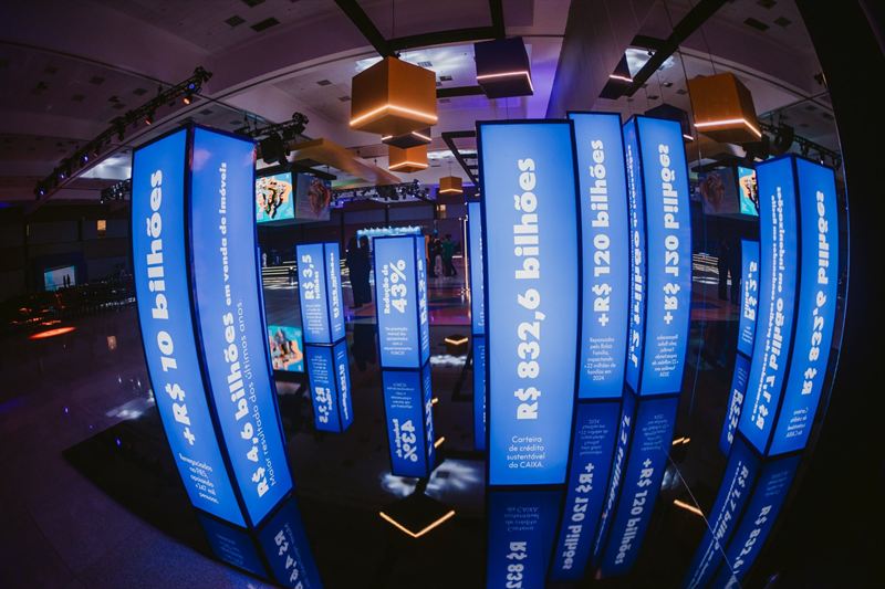 Backlit columns displaying Caixa results